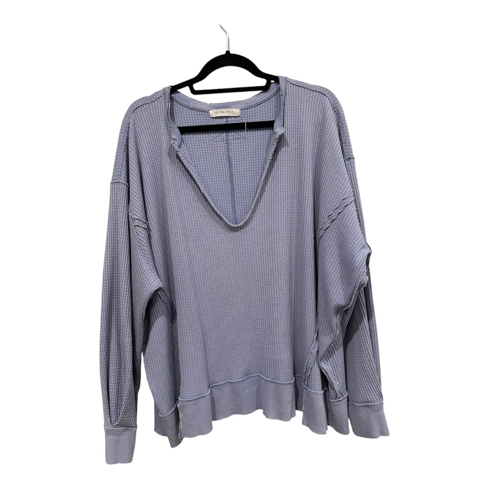 Free People We The Free Blue Waffle Knit Thermal V-Neck Oversized Top Small‎